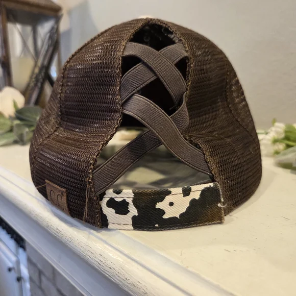 C.C. Womens Distressed Brown Cow Print Trucker Hat Pony Cap - Picture 7 of 9